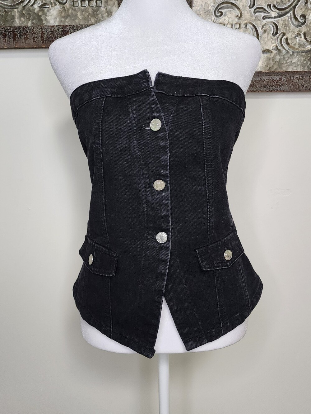 Emerson Lang Black Strapless Denim Button Up Corset Top XL Baddie Going Out Top
